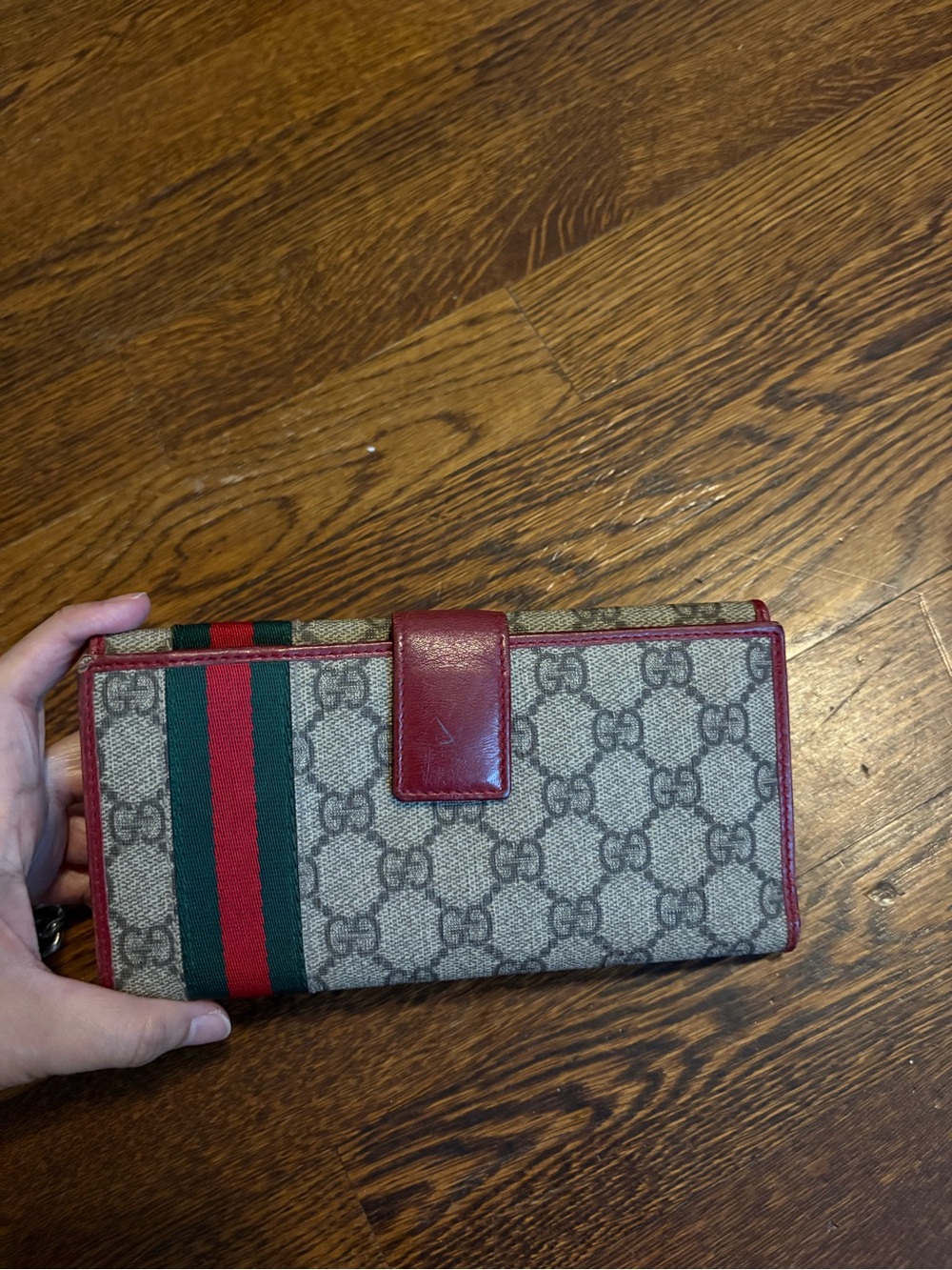 Gucci Beige GG Monogram Wallet with Red Trim and Green-Red Web